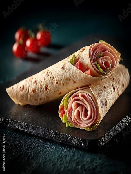 Fototapeta the image displays two appetizing wraps stacked on a textured, dark gray surface
