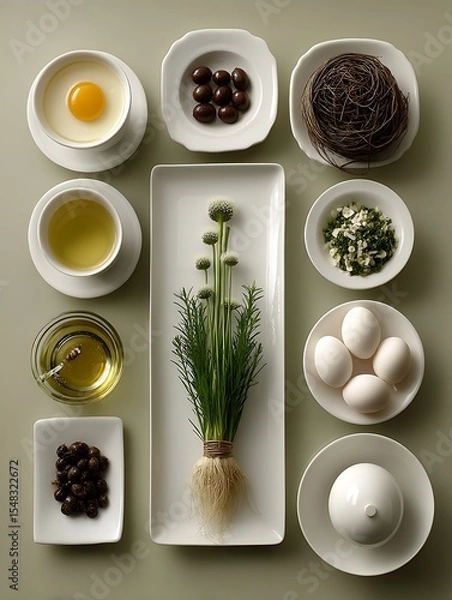 Fototapeta the image features a collection of small plates arranged on a pale surface
