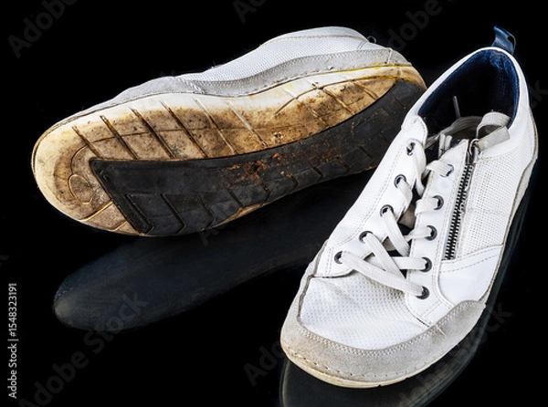 Fototapeta Used white men’s shoes with visible wear placed on black studio background