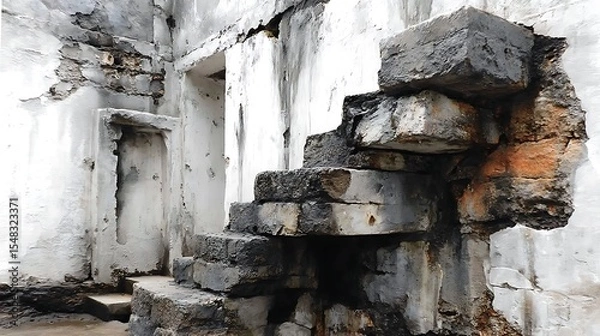 Fototapeta the image showcases an aged and partially ruined building interior. a set of stairs, constructed from dark, weathered materials, is positioned against a white wall