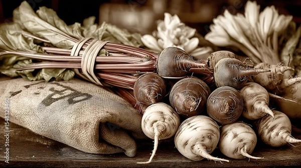Fototapeta the image showcases a rustic still life of various root crops arranged on a wooden surface