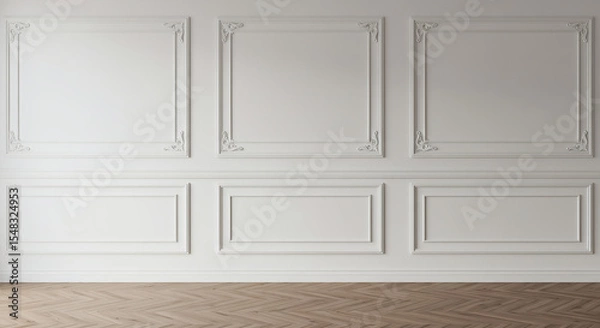 Fototapeta Room interior with white classic wall panel and wooden floor. Light background with luxury elegant molding frames. Realistic 3d vector illustration of home or office design with moulding and parquet