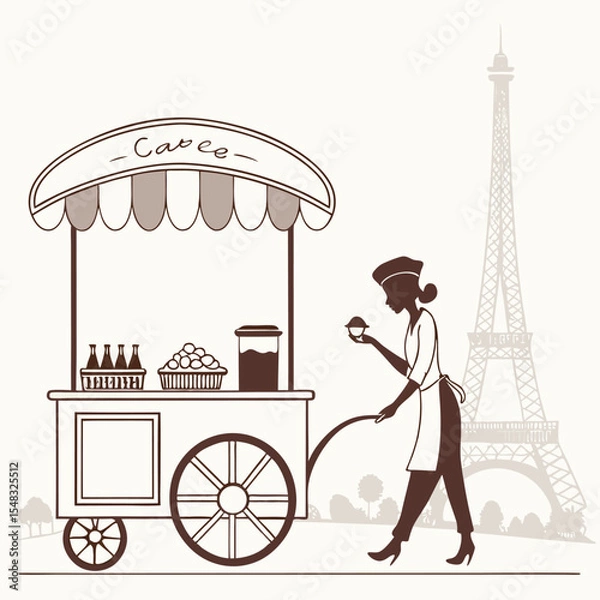 Fototapeta Parisian Street Cart Charming Treats & Eiffel Tower Views