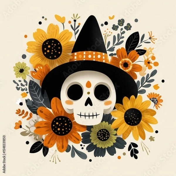 Fototapeta Whimsical Halloween character cute skull wearing witch hat surrounded by vibrant flowers