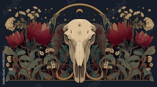 Fototapeta Mystical animal skull with horns, vibrant flowers, and celestial stars on dark background