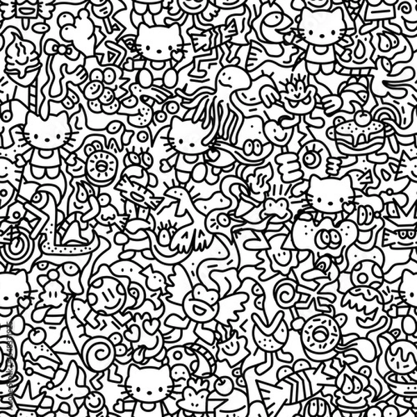 Fototapeta Hand-drawn seamless vector doodle pattern with kawaii cats, sweets, animals, and funny cartoon characters. Perfect for coloring books, textiles, and packaging.