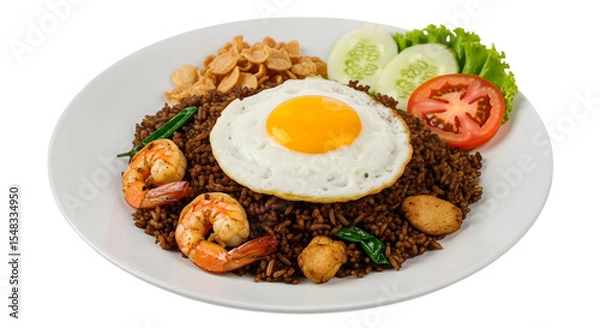 Fototapeta A Plate of Authentic Indonesian Nasi Goreng Fried Rice with a Fried Egg and Prawn Crackers on isolated transparent background
