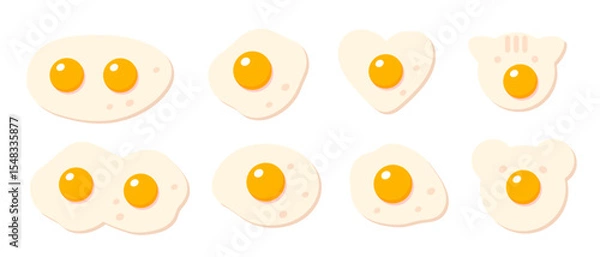 Fototapeta Collection of handdrawn fried eggs. Perfect for logo, menu, stickers and print. Vector illustrations in cartoon flat style.
