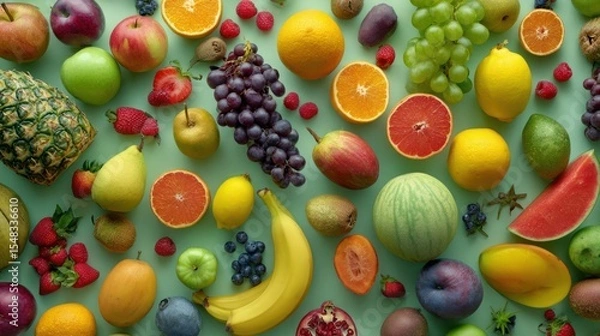 Fototapeta Vibrant Arrangement of Colorful Fruits Including Oranges, Apples, Grapes, and Bananas on a Green Background