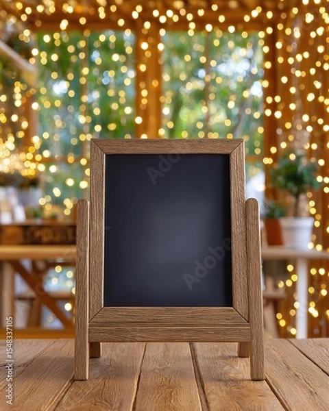 Fototapeta Elegant Chalkboard Sign on Wooden Backdrop With String Lights Creating a Warm Atmosphere