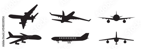Obraz Airplane Icon Collection: Outline and Solid Styles, A set of 12 airplane icons in outline, solid, and decorative styles, ideal for travel, aviation, transportation, and logistics design projects.