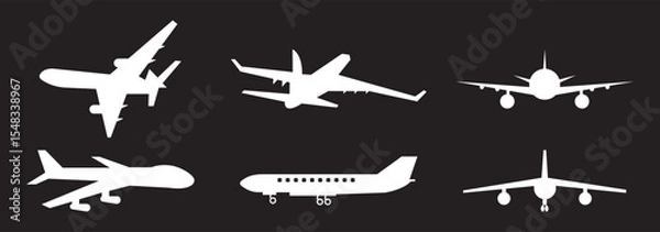 Obraz Airplane Icon Collection: Outline and Solid Styles, A set of 12 airplane icons in outline, solid, and decorative styles, ideal for travel, aviation, transportation, and logistics design projects.