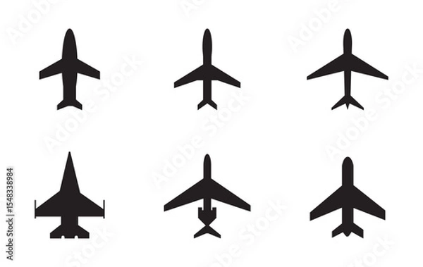 Obraz Airplane Icon Collection: Outline and Solid Styles, A set of 12 airplane icons in outline, solid, and decorative styles, ideal for travel, aviation, transportation, and logistics design projects.