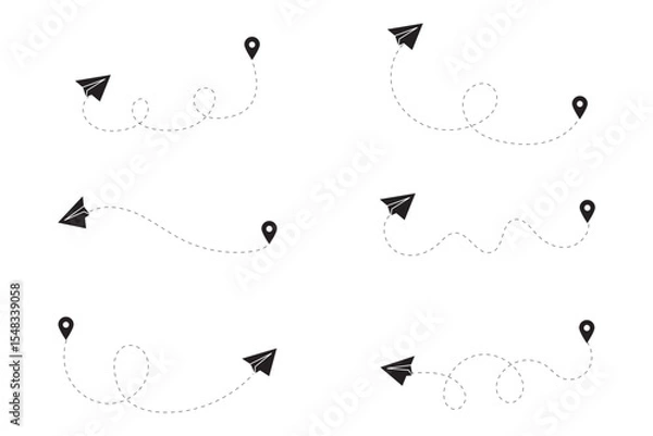 Obraz Airplane dashed line path flat style design isolated on white background. plane icon follow from start pin point to finish by dashed line. Airplane route trace flight air map. 