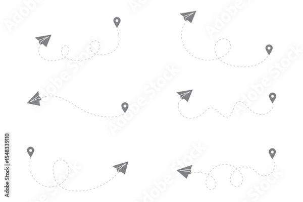 Obraz Airplane dashed line path flat style design isolated on white background. plane icon follow from start pin point to finish by dashed line. Airplane route trace flight air map. 