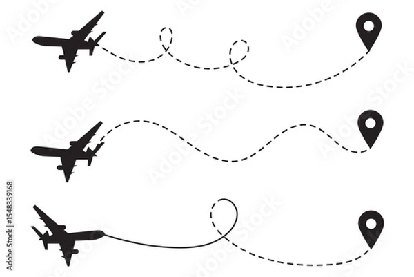 Obraz Airplane line path vector icon of air plane flight route with start point and dash dotted line trace. Love travel route. Airplane routes. Travel vector icon.