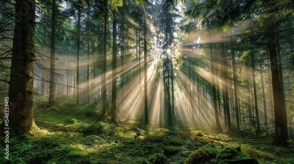 Fototapeta Sunbeams Streaming Through Dense Forest in Morning Light, Capturing Tranquility and Nature's Beauty, Concept of Environmental Awareness, Tourism, Forest Conservation