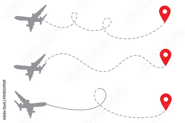 Obraz Airplane line path vector icon of air plane flight route with start point and dash dotted line trace. Love travel route. Airplane routes. Travel vector icon.