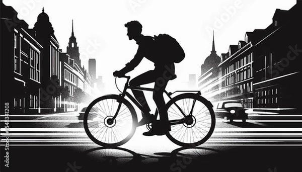 Fototapeta A black and white silhouette of a man riding a bicycle through the city. Vector graphics. EPS.