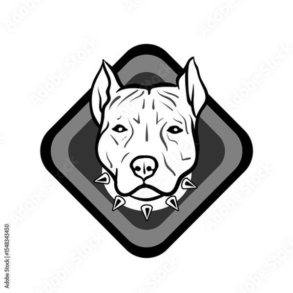 Fototapeta Minimalist vector emblem: AmStaff or Pitbull head with spiked collar centered on a rounded black diamond with subtle border. Clean, neutral palette. For professional kennel logos or security branding