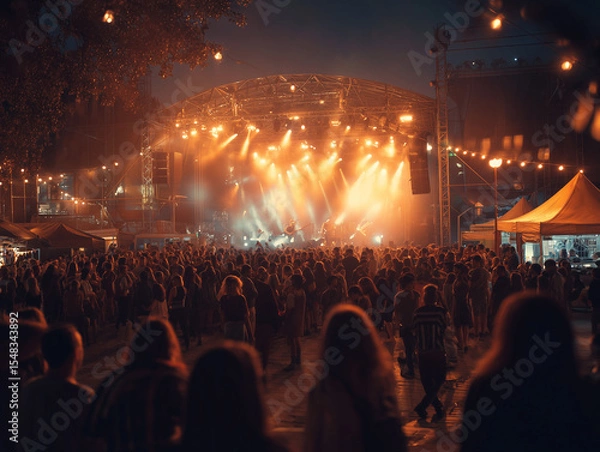 Fototapeta Crowd at Night Outdoor Music Festival with Stage Lights and Live Band – Concert Event Vibe with Audience and Illuminated Stage Under Night Sky