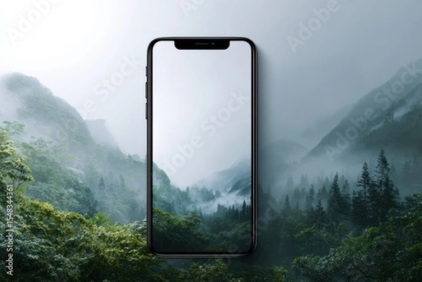 Fototapeta Modern Smartphone Displayed Against a Scenic Misty Mountain Landscape, Merging Technology and Nature, Concept of Digital Innovations, Promotional Tool for Environmental Awareness, Digital Marketing