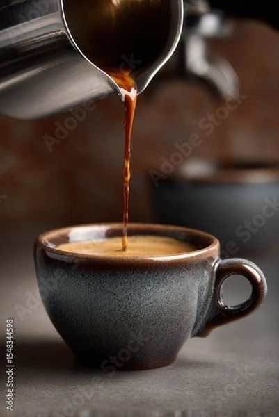 Fototapeta Close-Up View of Freshly Brewed Coffee Being Poured From a Stainless Steel Pot into a Rustic Ceramic Cup on a Minimalistic Surface