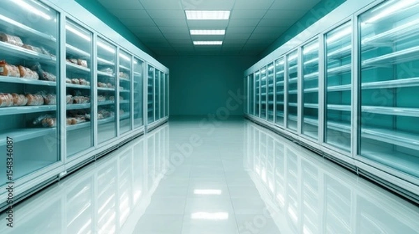 Fototapeta A striking image of an empty supermarket aisle lined with chill display cases, highlighting a clean and modern retail environment emphasizing the allure of fresh produce.