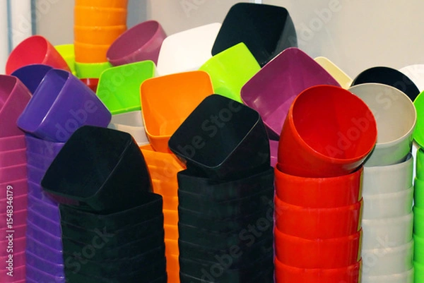 Obraz Empty colorful plastic flower pots stack in corner