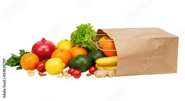 Obraz Assorted fruits and vegetables spilling out of a brown paper grocery bag on a plain surface on transparent background