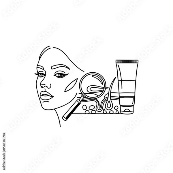 Fototapeta Line art vector illustration showing a woman's face with skincare elements, including a magnifying glass examining skin layers, hair follicles, and a cosmetic cream tube. Dermatology.