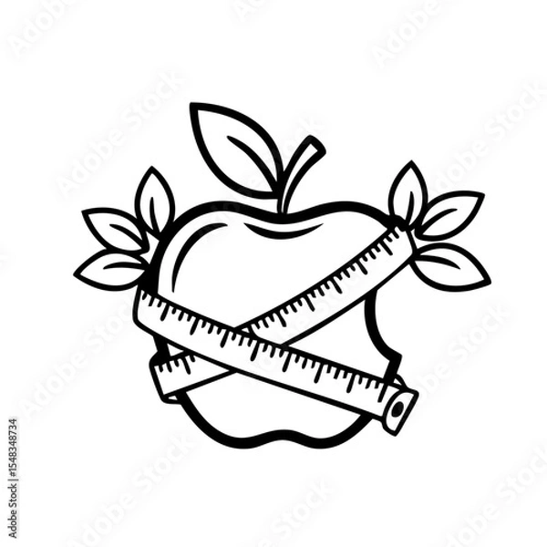 Fototapeta Minimal line art illustration of an apple wrapped with a measuring tape. Symbol of healthy eating, weight loss, nutrition, diet planning, and wellness. Simple outline design for health, dietitian.