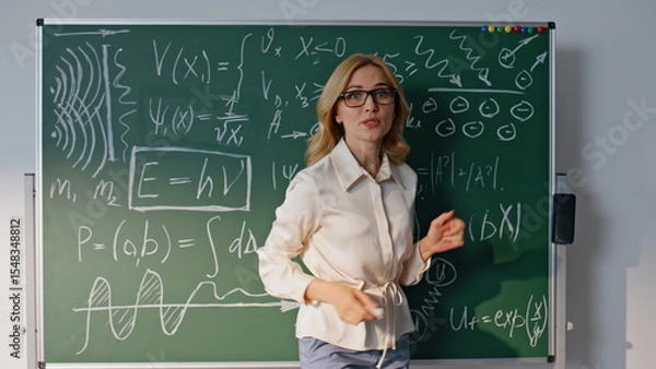 Obraz Woman explaining math formulas to unknown students closeup. Smiling teacher