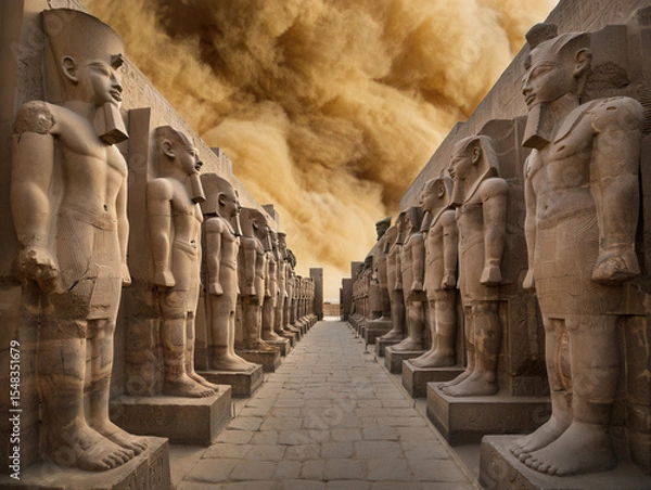 Obraz Karnak Temple Statues Amidst Swirling Desert Sandstorm, Egypt