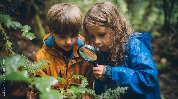 Fototapeta Two young children are exploring a lush forest with a magnifying glass, discovering nature's wonders on an educational adventure.