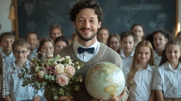 Fototapeta Dedicated teacher celebrated by his students, holding flowers and a globe, symbolizing appreciation and global education. A heartwarming scene.