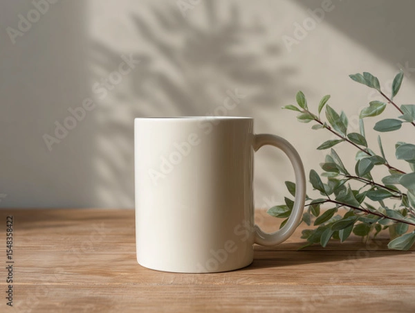 Fototapeta Blank White Ceramic Mug with Natural Shadows on Wooden Table – Minimalist Coffee Cup Mockup for Product Display, Branding, or Etsy Mug Design Presentation