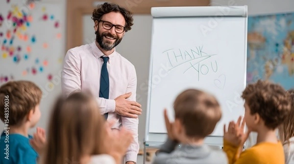 Fototapeta Teacher Receives Applause from Students after Lesson. Teacher in Classroom Smiles as Children Show Gratitude for Education and Learning.