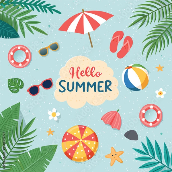 Fototapeta Colorful Summer Vacation Icons Featuring Beach Elements and Travel Essentials