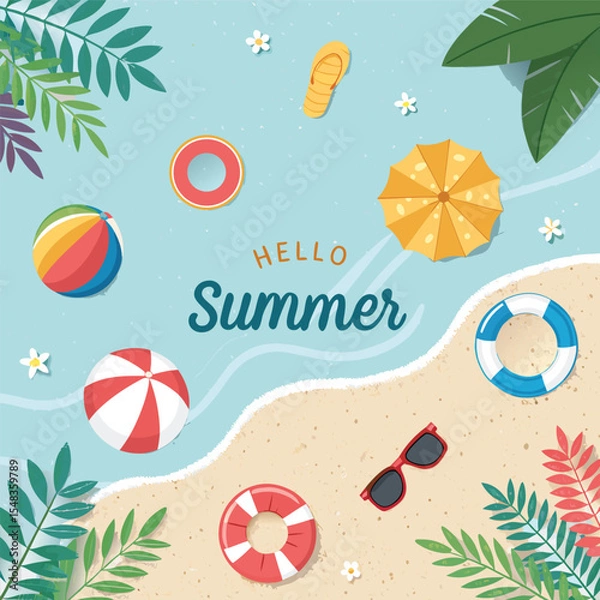 Fototapeta Colorful Summer Vacation Icons Featuring Beach Elements and Travel Essentials