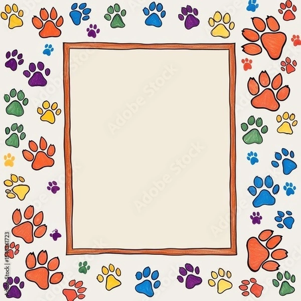 Obraz playful multicolor paw print border frame with vibrant hand-drawn animal tracks in red, blue, yellow, green, and purple surrounding cream center  for cheerful and kid-friendly design