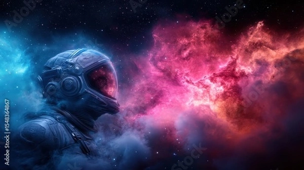 Fototapeta A stunning depiction of an astronaut gazing into a cosmic nebula filled with vibrant colors and swirling patterns, evoking a sense of wonder and exploration in space.
