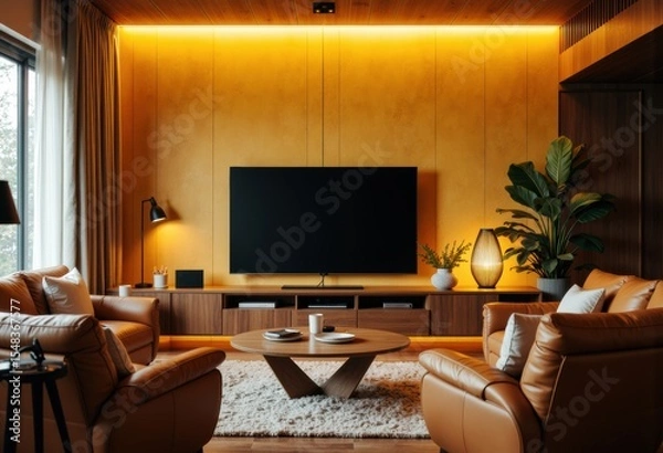 Fototapeta Modern living room with warm lighting, comfortable leather sofas, and a large flat-screen TV