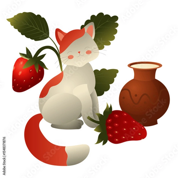 Obraz White cat with red spots, strawberry bush and clay jug with milk. Vector illustration isolated on white background.