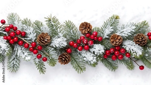 Fototapeta Frosted pine garland with red berries and pinecones on white background