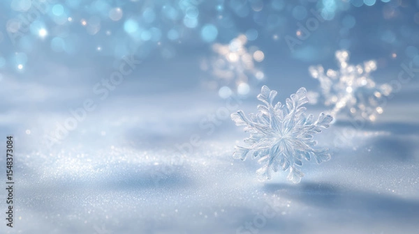Fototapeta Snowflakes settle softly on a sparkling winter surface, creating a tranquil atmosphere in a cool blue setting. Concept of winter wonderland, seasonal beauty, holiday decorations