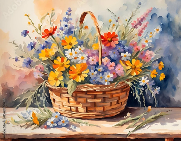 Fototapeta Painting of summer flowers in a basket on a table