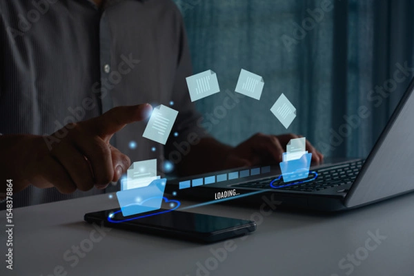 Fototapeta Transfer data document file folder to cloud using ai technology with online system for backup storage on mobile phone and laptop. Businessman hand touch on document for send of document on internet.