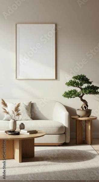 Fototapeta Serene Living Room: A meticulously curated living space, radiating a sense of tranquility and minimalist elegance, featuring a neutral palette, a bonsai tree, and a blank picture frame.