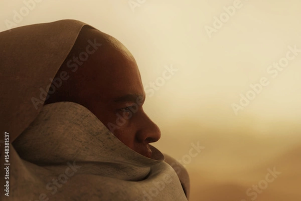 Fototapeta 3D Rendering of covered man looking out over the desert